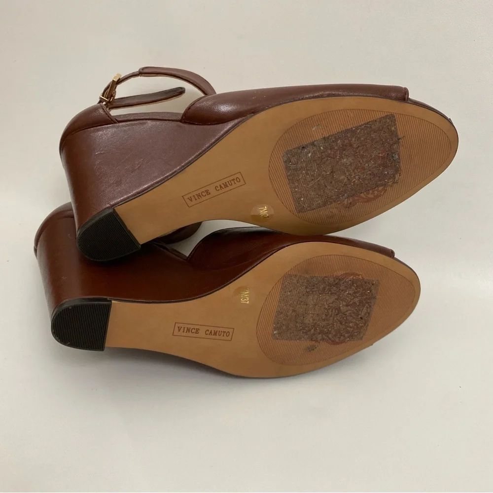 Vince Camuto Peep Toe Wedge Ankle Strap Size 7 Brown Heeled Sandals Women’s - Picture 14 of 14